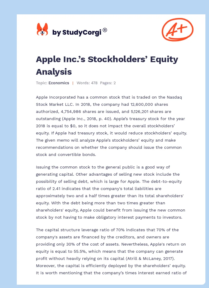 Apple Inc.’s Stockholders’ Equity Analysis. Page 1