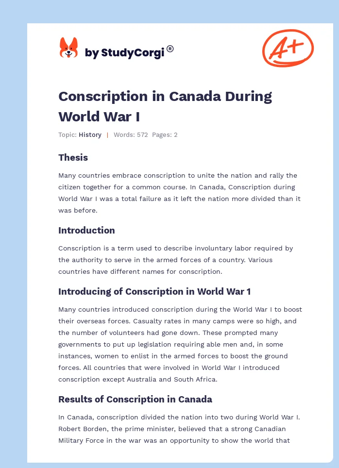 Conscription in Canada During World War I. Page 1