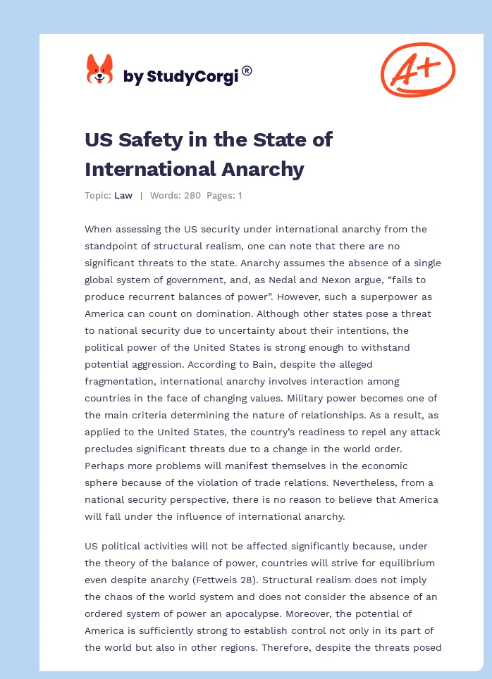 US Safety in the State of International Anarchy. Page 1