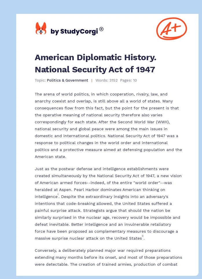 American Diplomatic History. National Security Act of 1947. Page 1