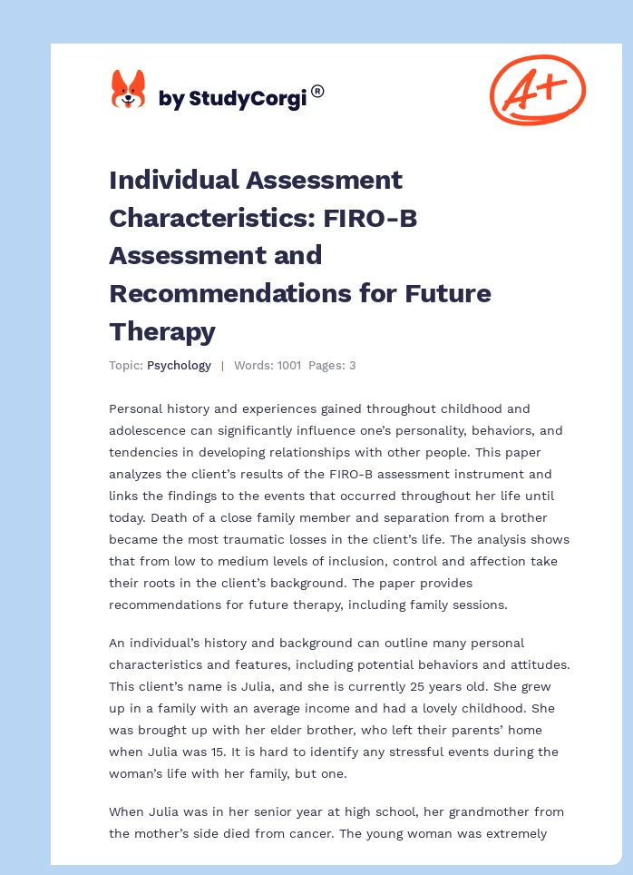 Individual Assessment Characteristics: FIRO-B Assessment and Recommendations for Future Therapy. Page 1