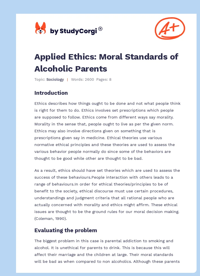 Applied Ethics: Moral Standards of Alcoholic Parents. Page 1