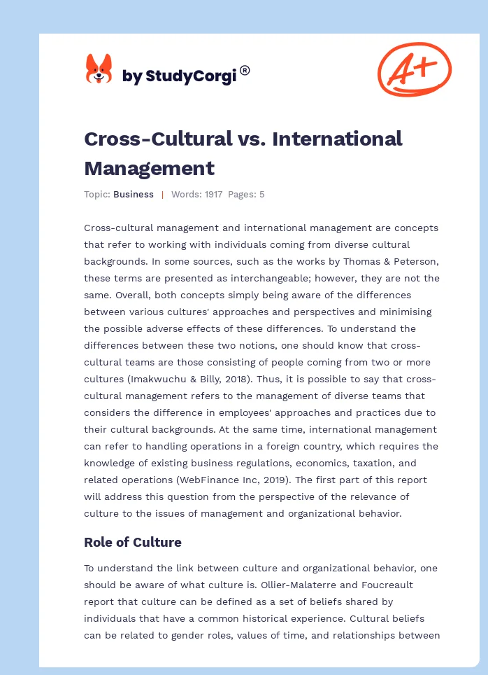 Cross-Cultural vs. International Management. Page 1