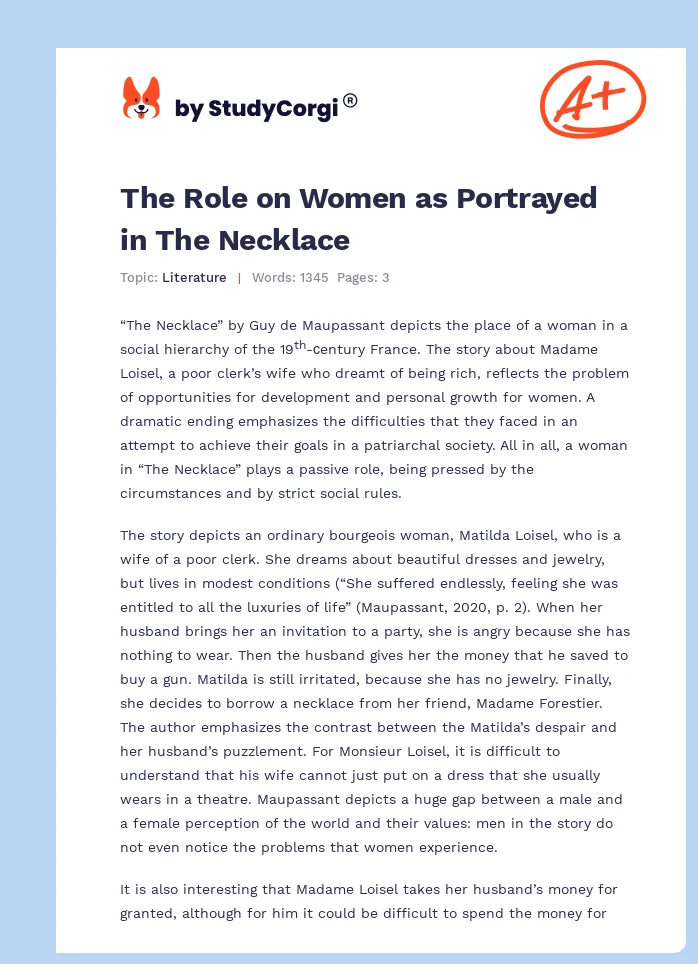 The Role on Women as Portrayed in The Necklace. Page 1