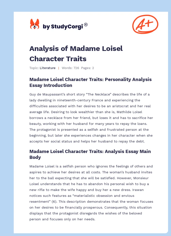 Analysis of Madame Loisel Character Traits. Page 1