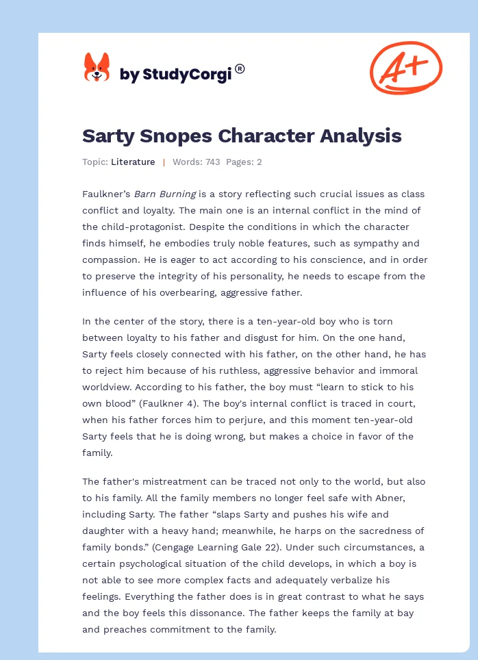 Sarty Snopes Character Analysis. Page 1