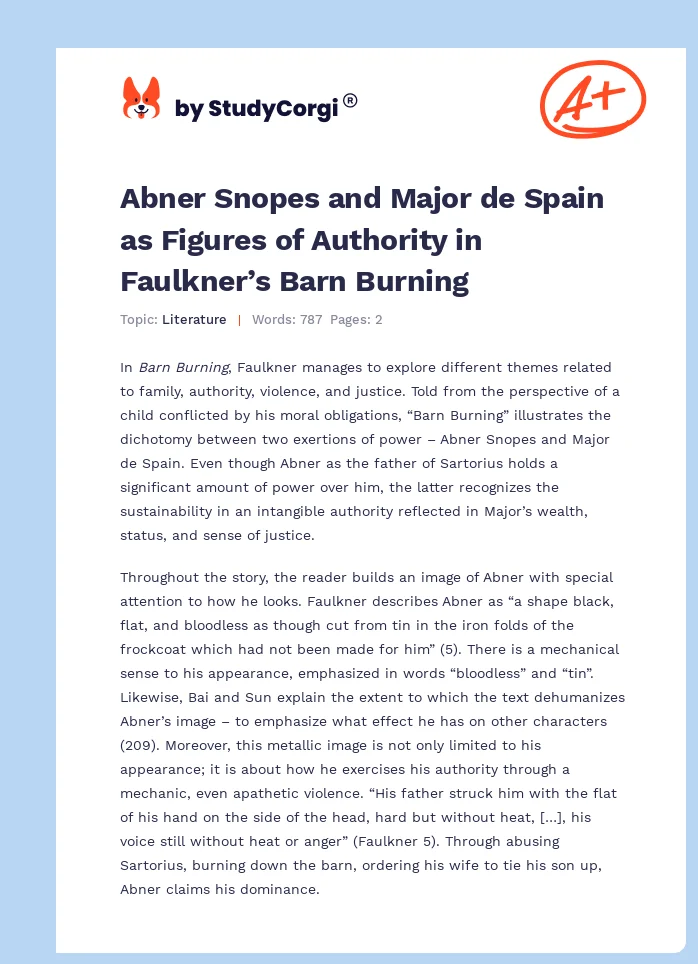 Abner Snopes and Major de Spain as Figures of Authority in Faulkner’s Barn Burning. Page 1