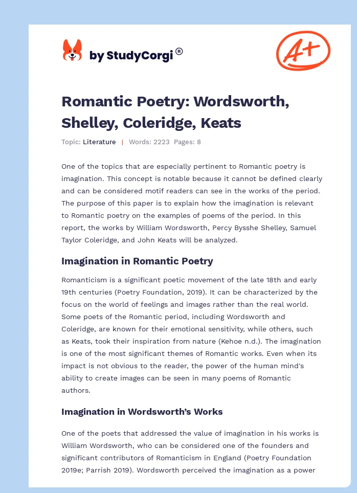 Romantic Poetry: Wordsworth, Shelley, Coleridge, Keats. Page 1