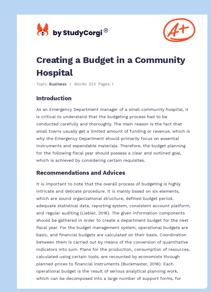 Creating a Budget in a Community Hospital. Page 1