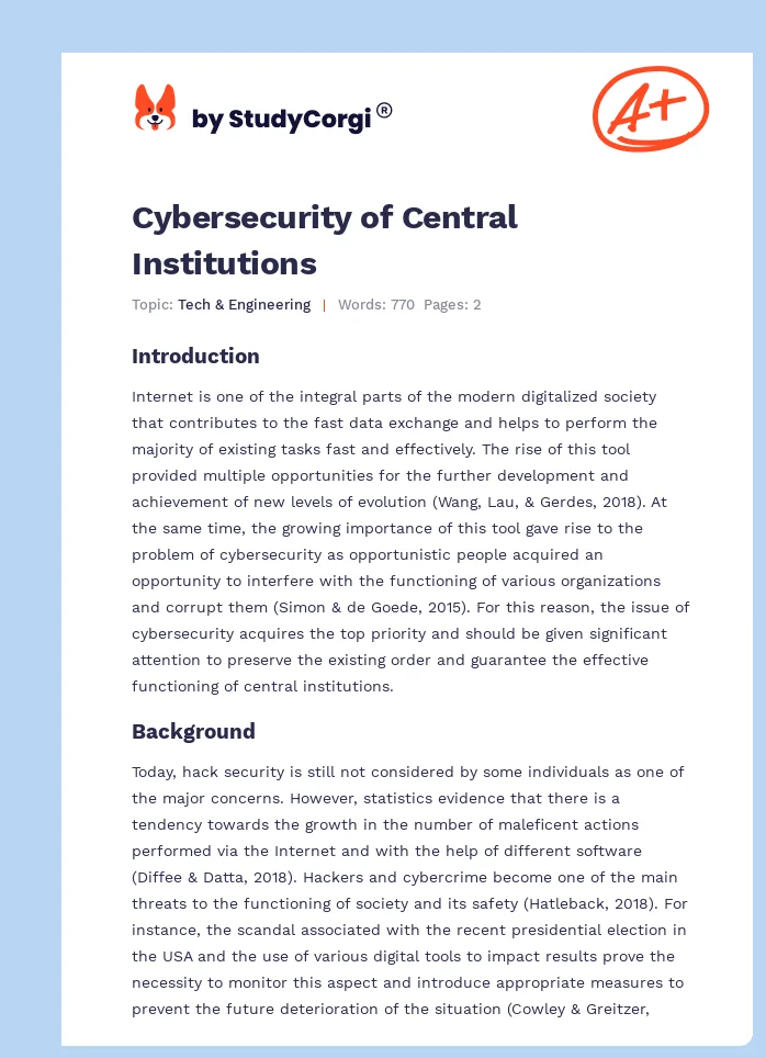 Cybersecurity of Central Institutions. Page 1
