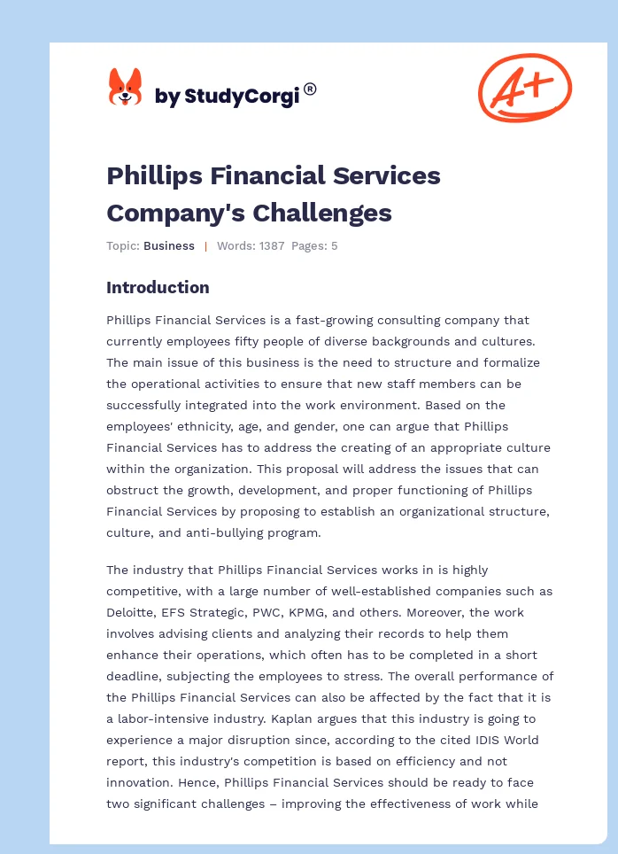 Phillips Financial Services Company's Challenges. Page 1