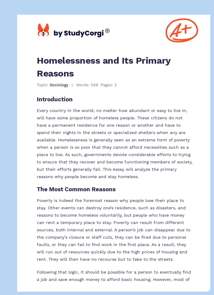 Homelessness and Its Primary Reasons. Page 1