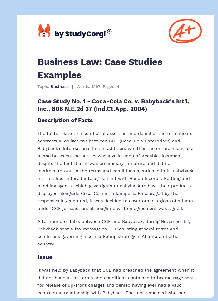 Business Law Case Studies Examples Free Essay Example