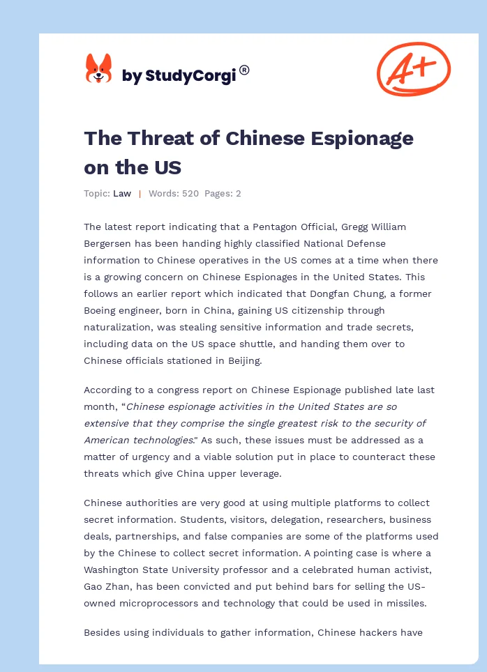 The Threat of Chinese Espionage on the US. Page 1