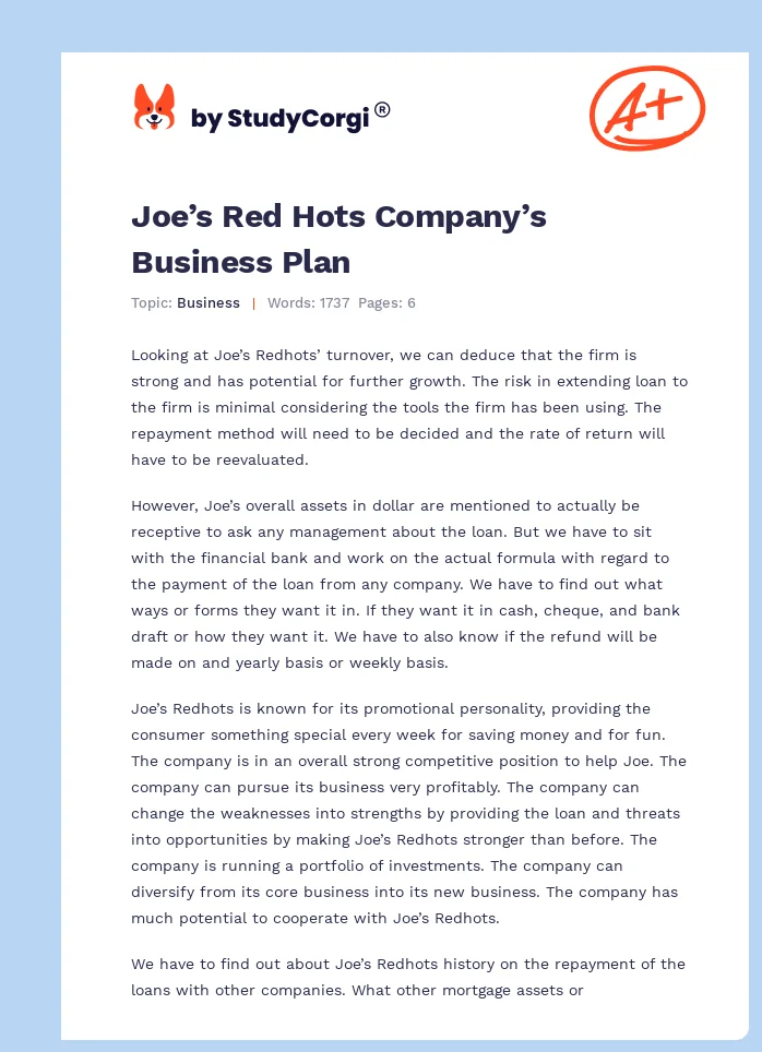Joe’s Red Hots Company’s Business Plan. Page 1