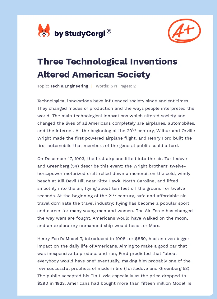 Three Technological Inventions Altered American Society. Page 1