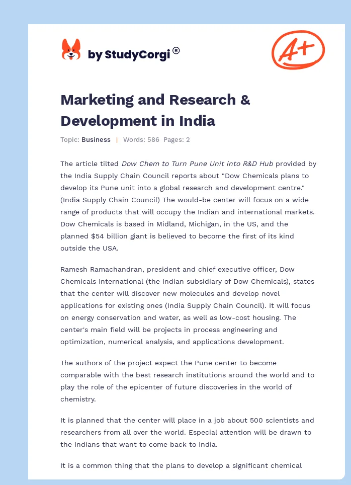 Marketing and Research & Development in India. Page 1