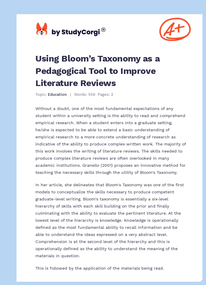Using Bloom’s Taxonomy as a Pedagogical Tool to Improve Literature Reviews. Page 1