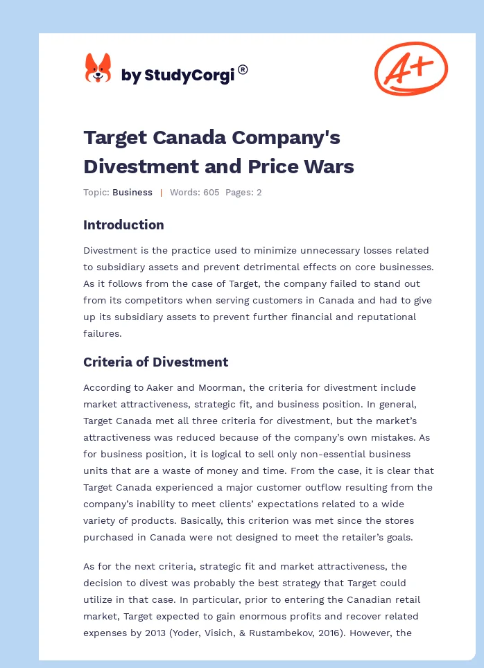 Target Canada Company's Divestment and Price Wars. Page 1