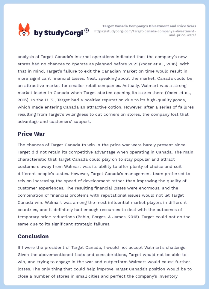 Target Canada Company's Divestment and Price Wars. Page 2