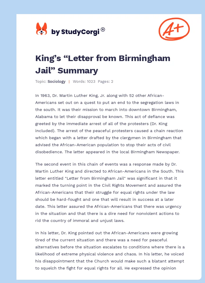 letter from birmingham jail summary essay