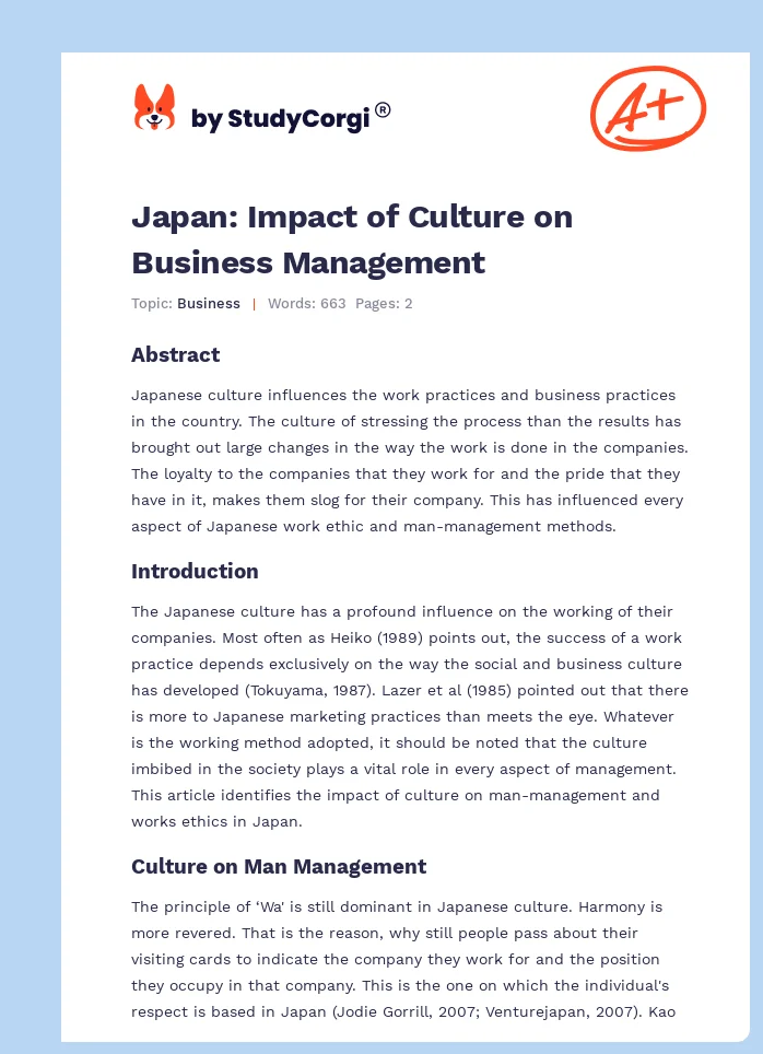 Japan: Impact of Culture on Business Management. Page 1