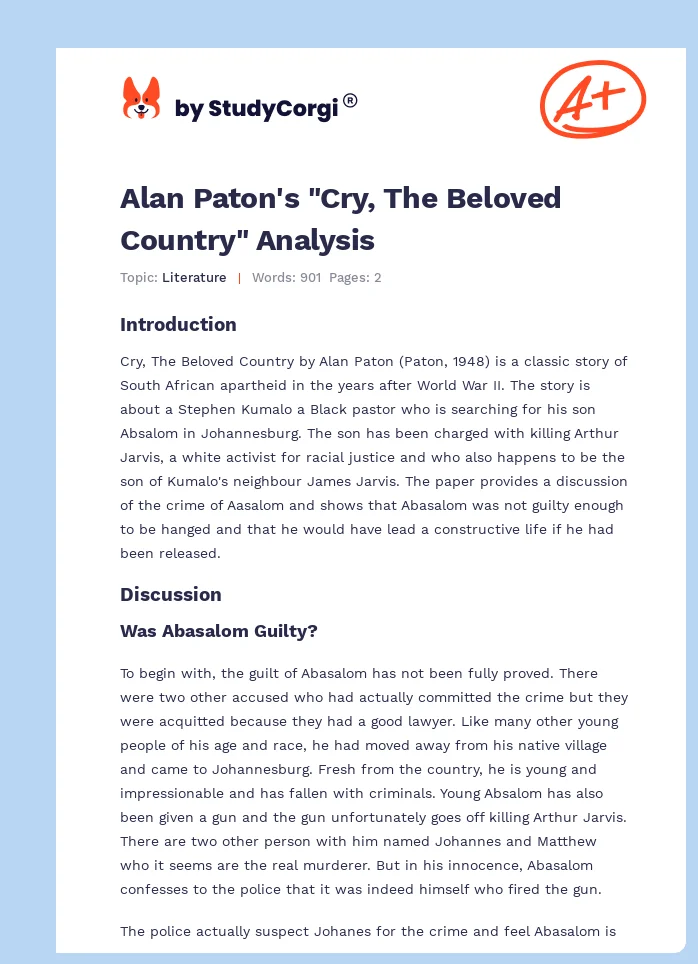 Alan Paton's "Cry, The Beloved Country" Analysis. Page 1