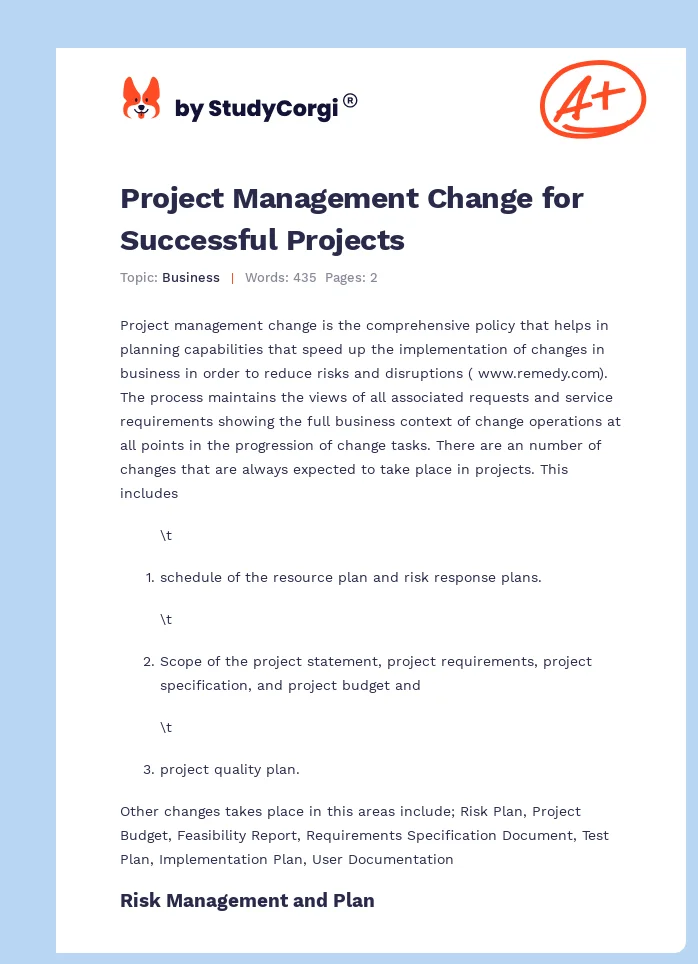 Project Management Change for Successful Projects. Page 1