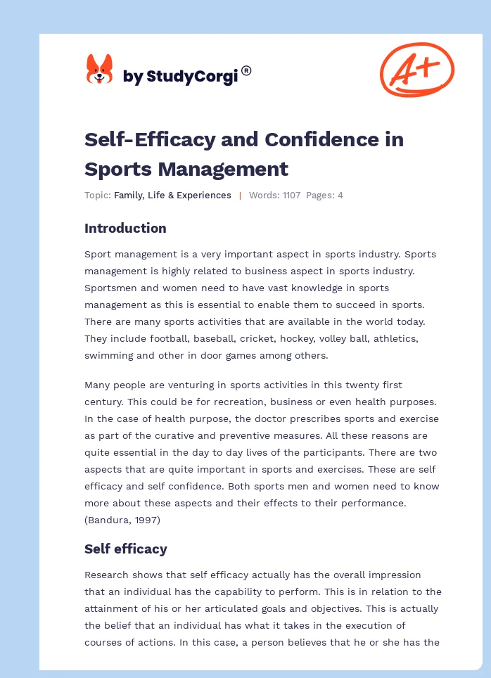 Self-Efficacy and Confidence in Sports Management. Page 1
