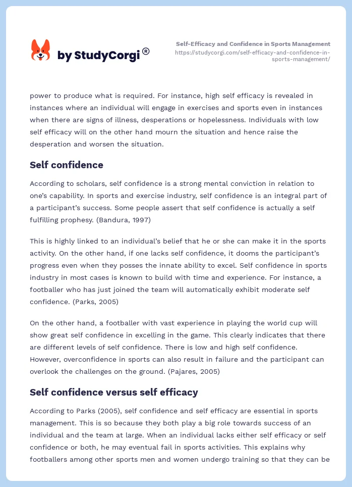 Self-Efficacy and Confidence in Sports Management. Page 2