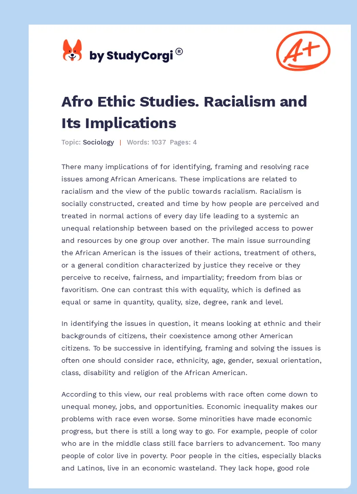 Afro Ethic Studies. Racialism and Its Implications. Page 1