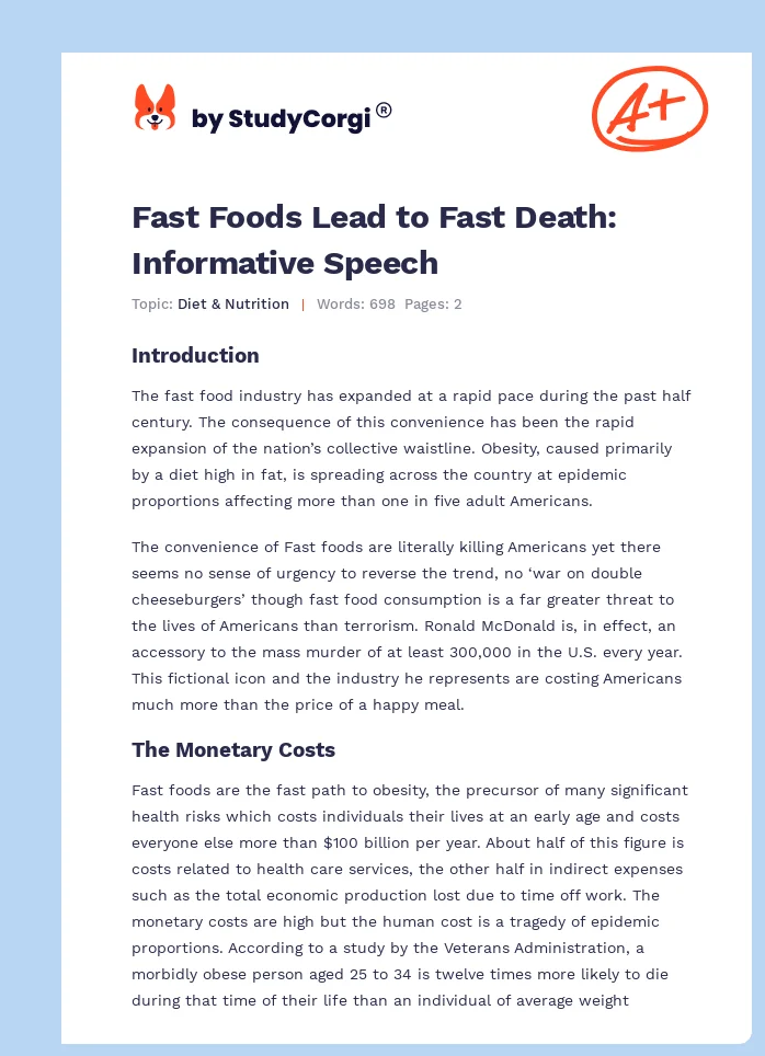 Fast Foods Lead to Fast Death: Informative Speech. Page 1