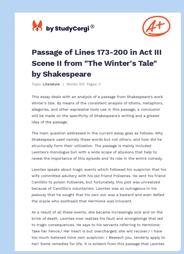Passage of Lines 173-200 in Act III Scene II from "The Winter's Tale" by Shakespeare. Page 1