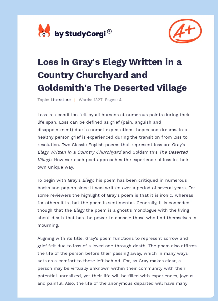 Loss in Gray's Elegy Written in a Country Churchyard and Goldsmith's The Deserted Village. Page 1