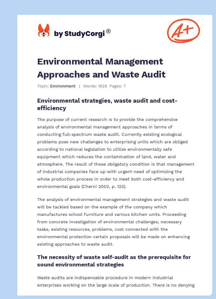 Environmental Management Approaches and Waste Audit. Page 1