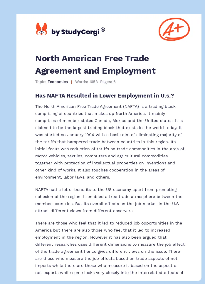 North American Free Trade Agreement and Employment. Page 1