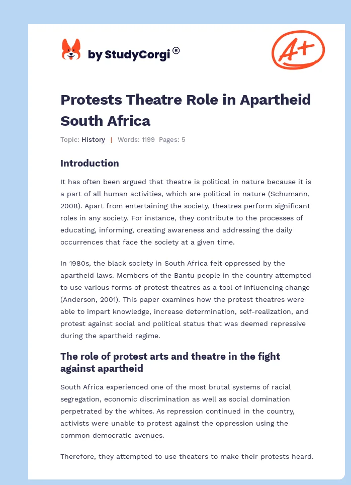 Protests Theatre Role in Apartheid South Africa. Page 1