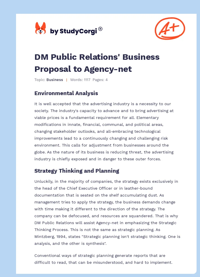 DM Public Relations' Business Proposal to Agency-net. Page 1