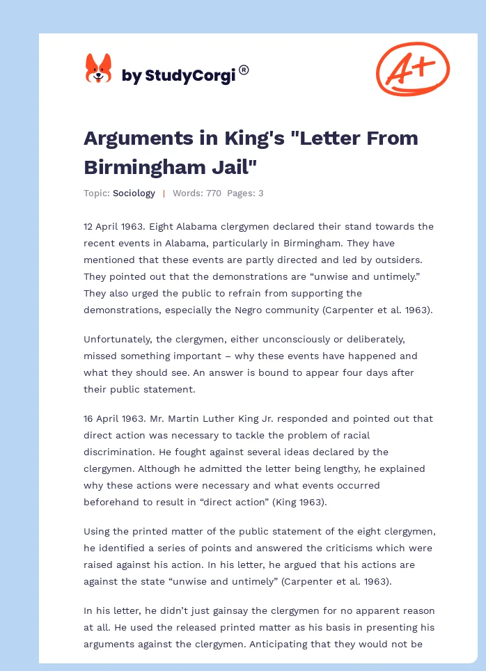 Arguments in King's "Letter From Birmingham Jail". Page 1