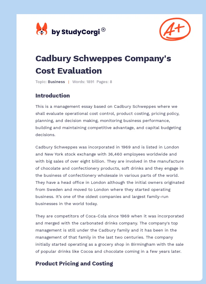 Cadbury Schweppes Company's Cost Evaluation. Page 1