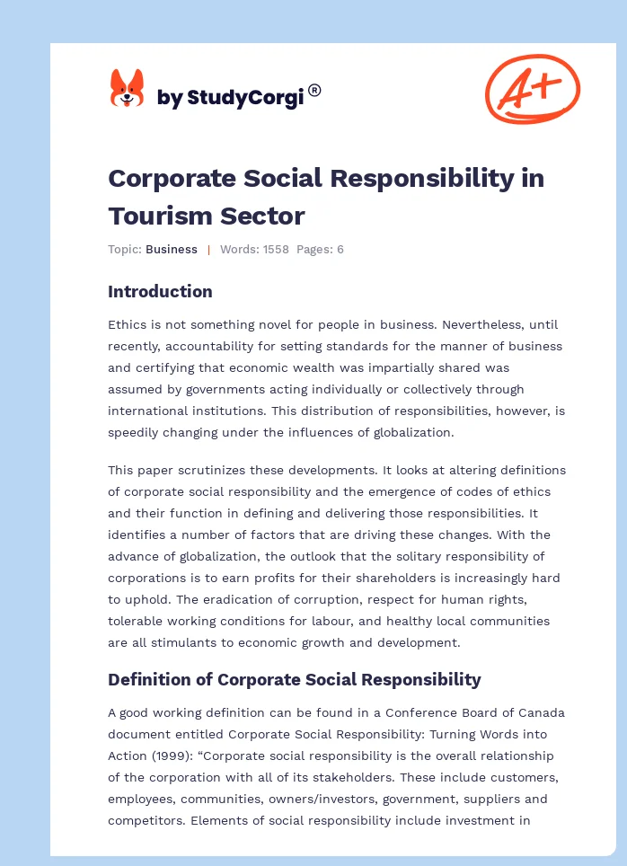 Corporate Social Responsibility in Tourism Sector. Page 1