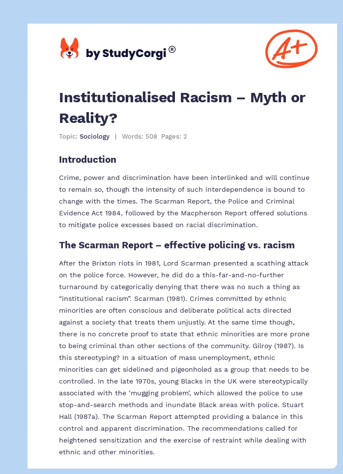 Institutionalised Racism – Myth or Reality?. Page 1
