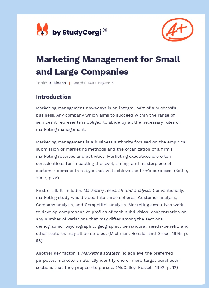 Marketing Management for Small and Large Companies. Page 1