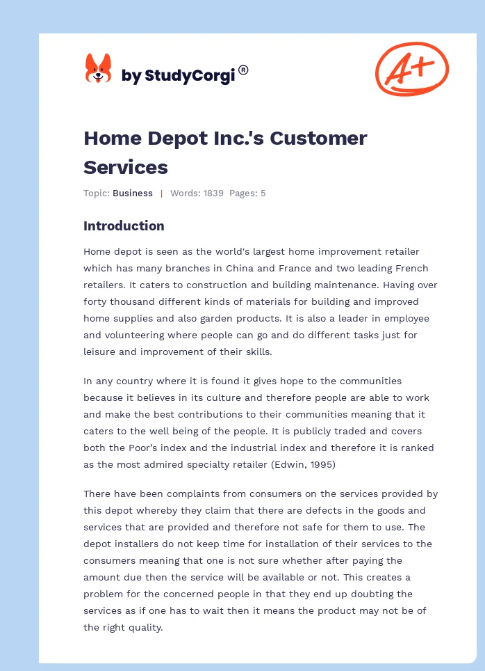 Home Depot Inc.'s Customer Services. Page 1