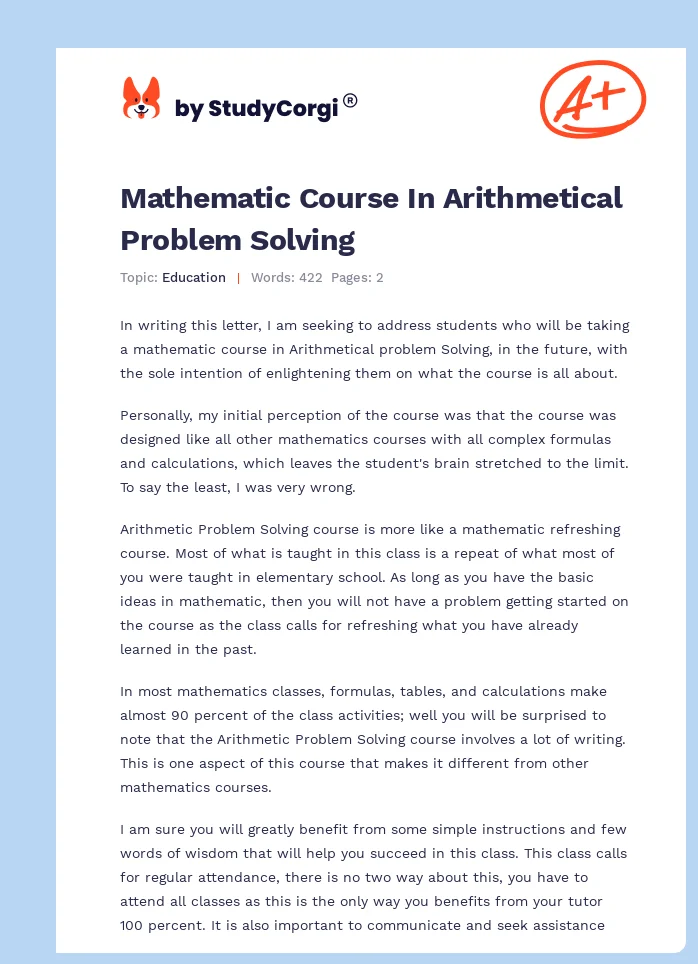 Mathematic Course In Arithmetical Problem Solving. Page 1