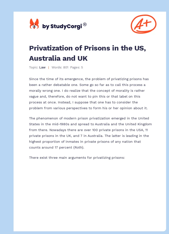 Privatization of Prisons in the US, Australia and UK. Page 1