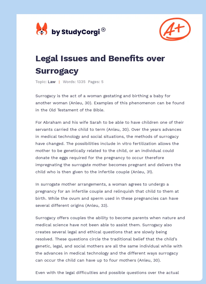 Legal Issues and Benefits over Surrogacy. Page 1