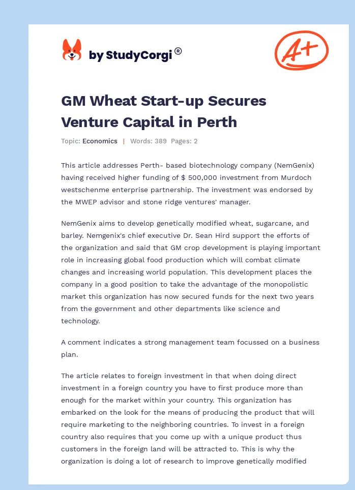 GM Wheat Start-up Secures Venture Capital in Perth. Page 1