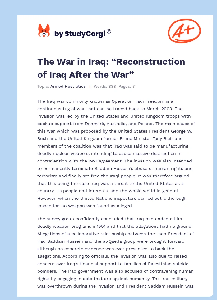 The War in Iraq: “Reconstruction of Iraq After the War”. Page 1