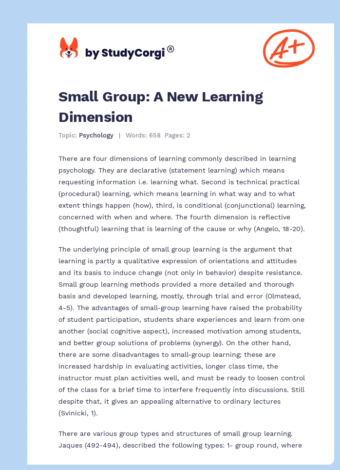 Small Group: A New Learning Dimension. Page 1